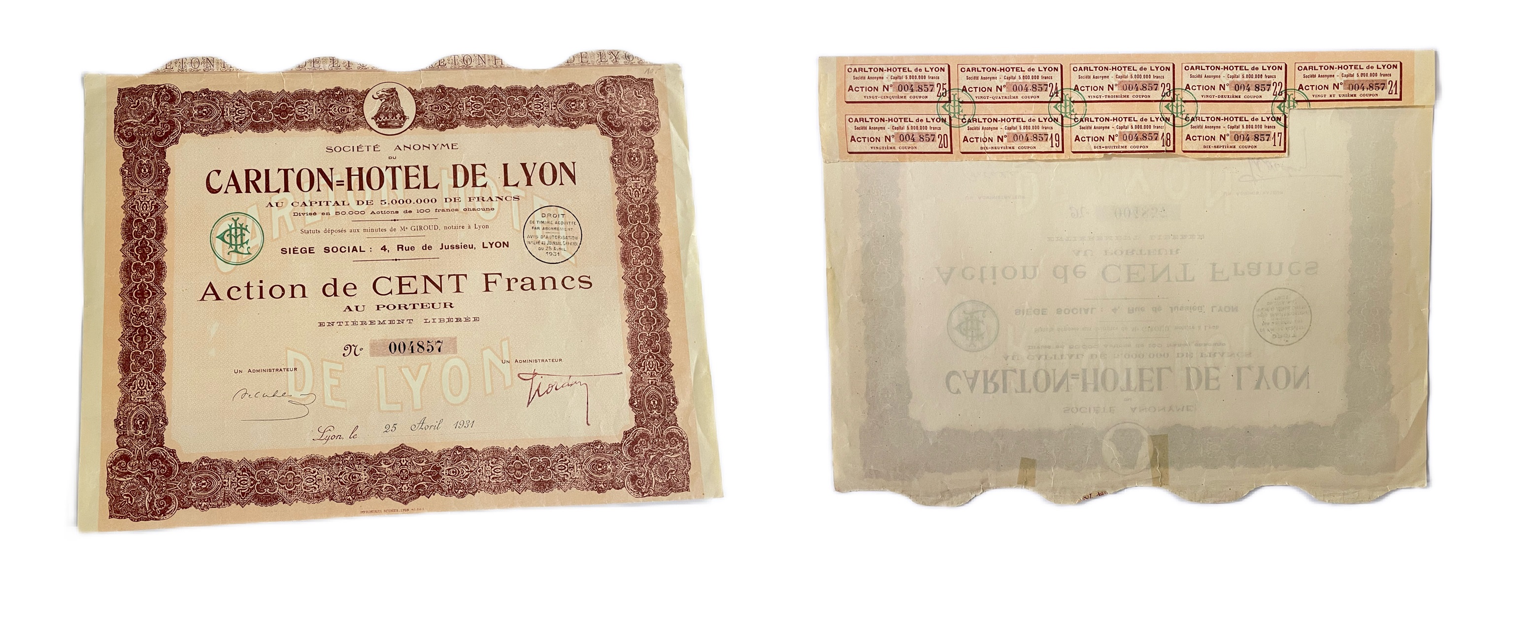 Франция, отель Carlton в Лионе акция в 100 франков 1931 9 купонов бумага 48-63-1-2