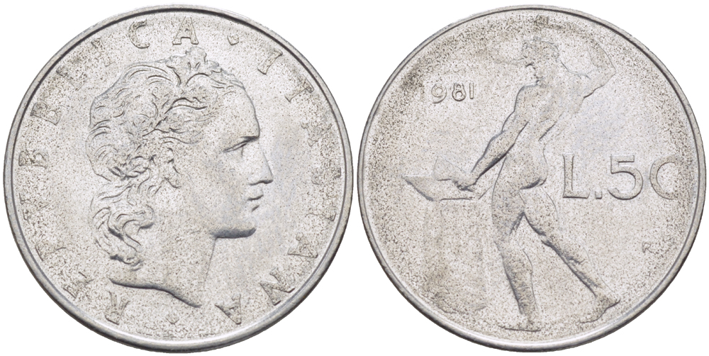 ИТАЛИЯ 50 ЛИР 1981 R, КУЗНЕЦ KM 95.1 нержавеющая сталь 89-1531