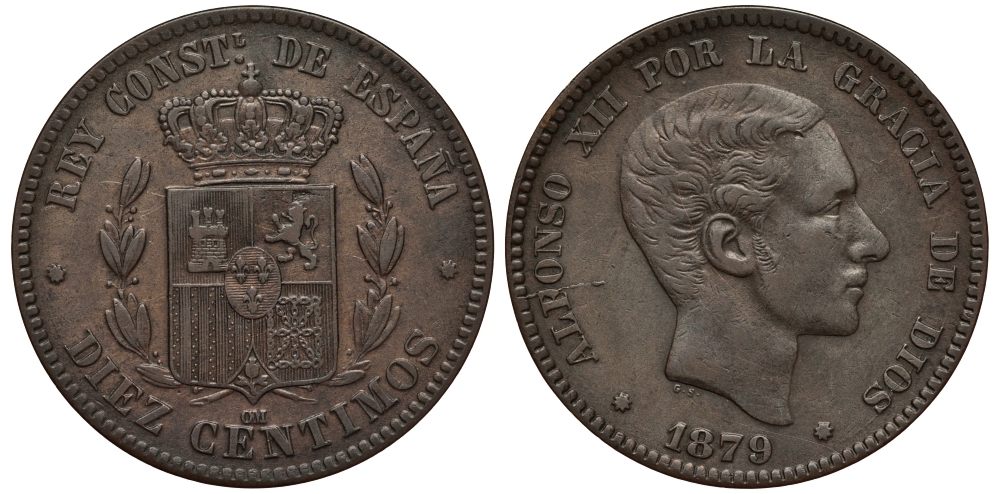 Испания 10 сентимо 1879 OM, Альфонсо XII (1874-1885) KM 675 бронза 1528-731