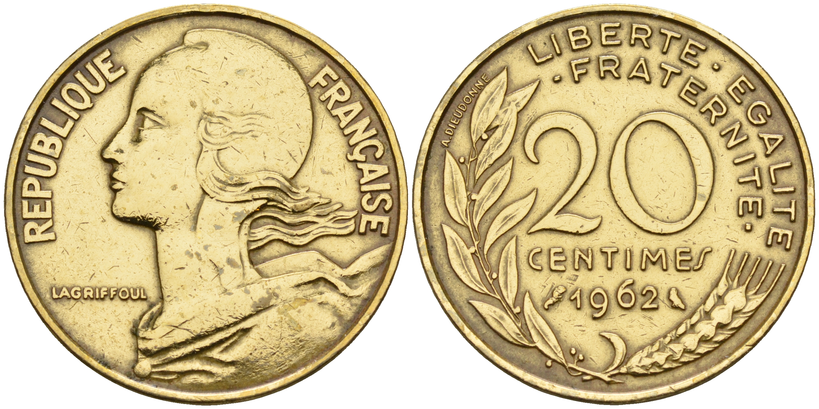 Франция 20 сантимов 1962 первый год KM 930 медь алюминий никель    4153-353