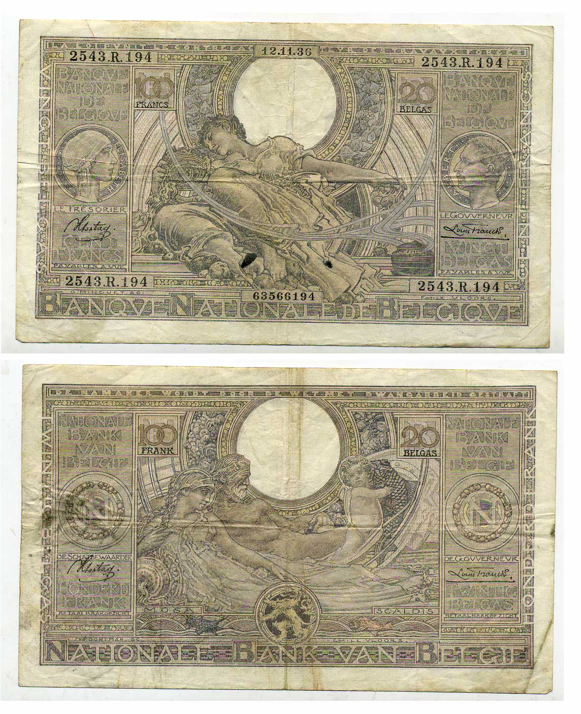 Бельгия 100 франков = 20 бельгас 1936 12 ноября 1936 Pick 107 бумага 450-38-1-2