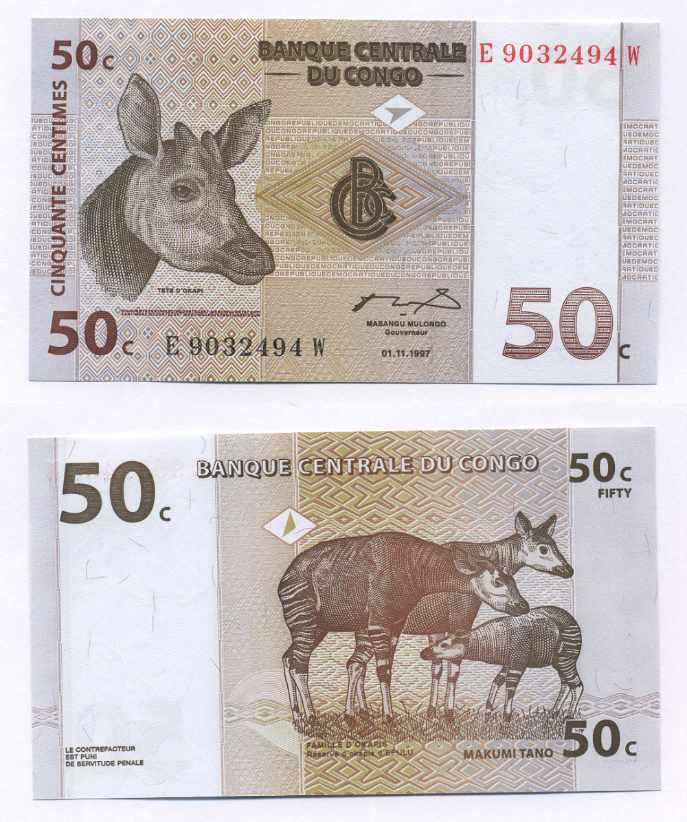 ДР Конго 50 сантимов 1997 окапи, резервация Эпулу Pick 84 a бумага UNC (пресс) 448-6-3
