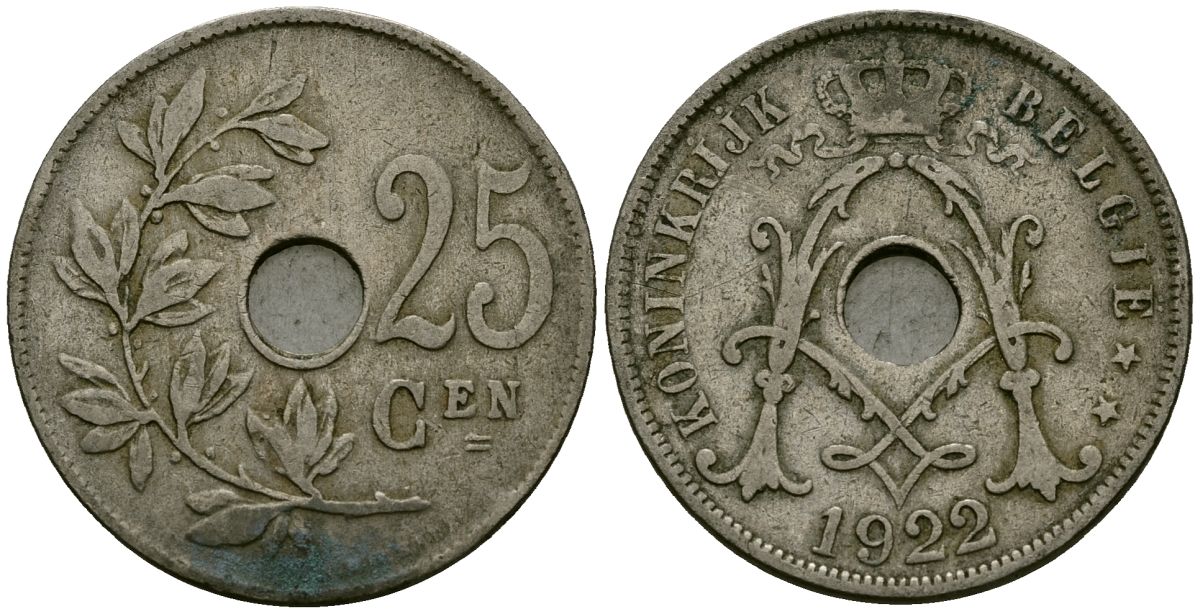 Бельгия 25 сантимов 1922 Belgie KM 69 медно-никель 4165-842