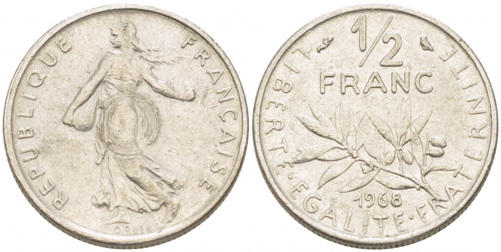 ФРАНЦИЯ 1/2 ФРАНКА 1968 KM 931.1 никель 3309-1113