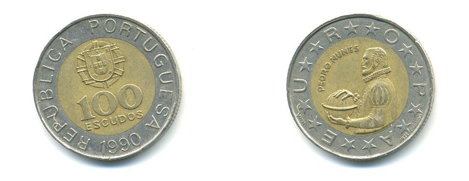 Португалия 100 эскудо 1990 Педру Нуниш (1502-1578), математик KM 645.1 биметалл 56-924