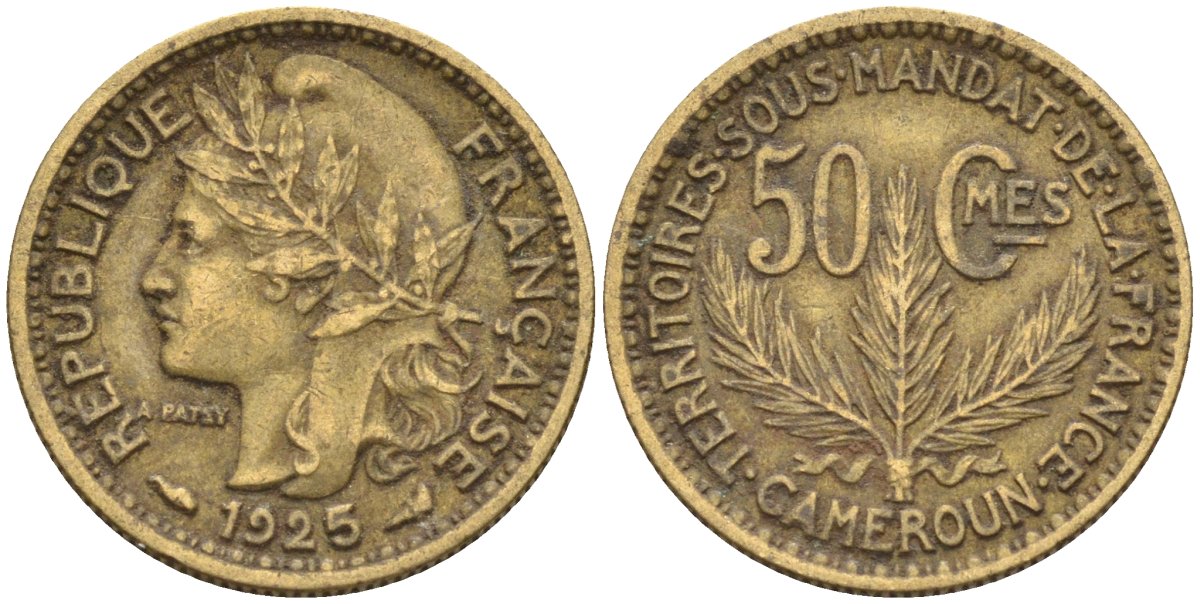 Французский Камерун 50 сантимов 1925 (а), монетный двор Париж KM 1 алюминиевая бронза 4164-1236