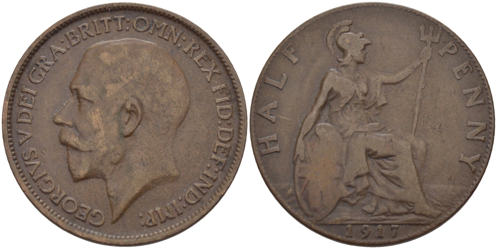 Великобритания 1/2 пенни 1917 Георг V (1910-1936) KM 809, Spink 4056 бронза 28-327