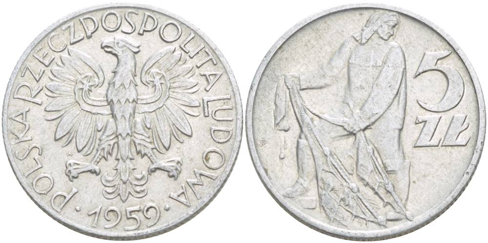 Польша 5 злотых 1959 MW, рыбак KM 47 алюминий 4542-946