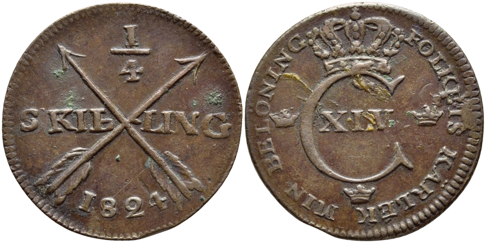 Швеция 1/4 скиллинга 1824 Карл XIV Юхан (1818-1844) KM 595 медь 4395-1054