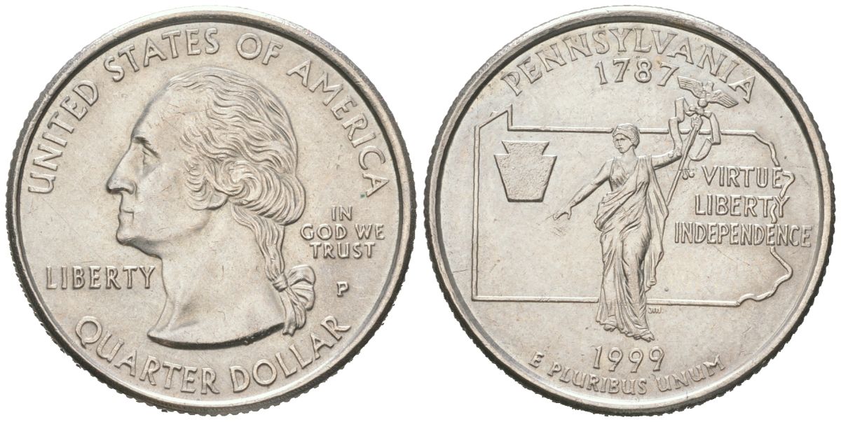 США 25 центов = квотер = 1/4 доллара 1999 P, квотер штата Пенсильвания KM 294 медь плакированная медно-никелем UNC 183-211