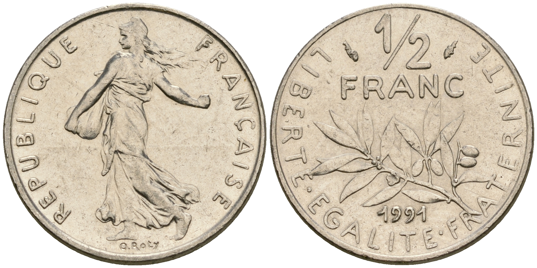 Франция 1/2 франка 1991 сеятель KM 931.1 никель 25-1226