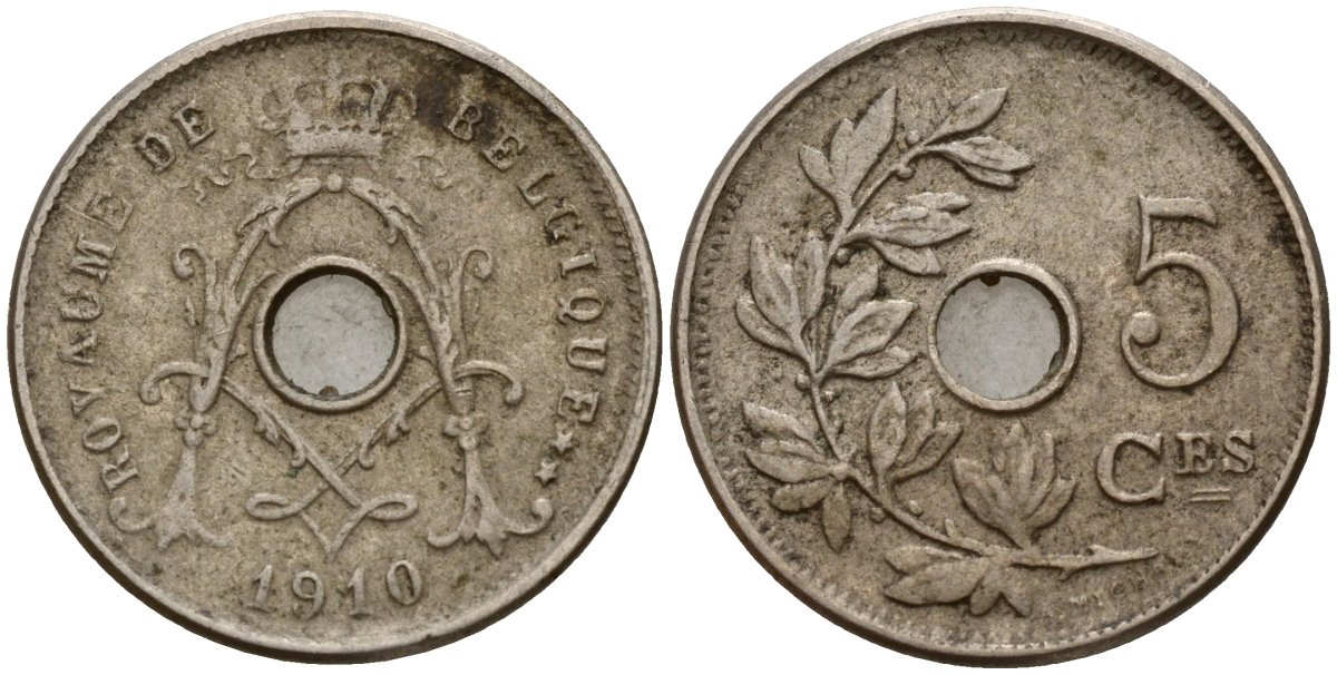 Бельгия 5 сантимов 1910 Belgique, Альберт I (1909-1934) KM 66 медно-никель 4189-752