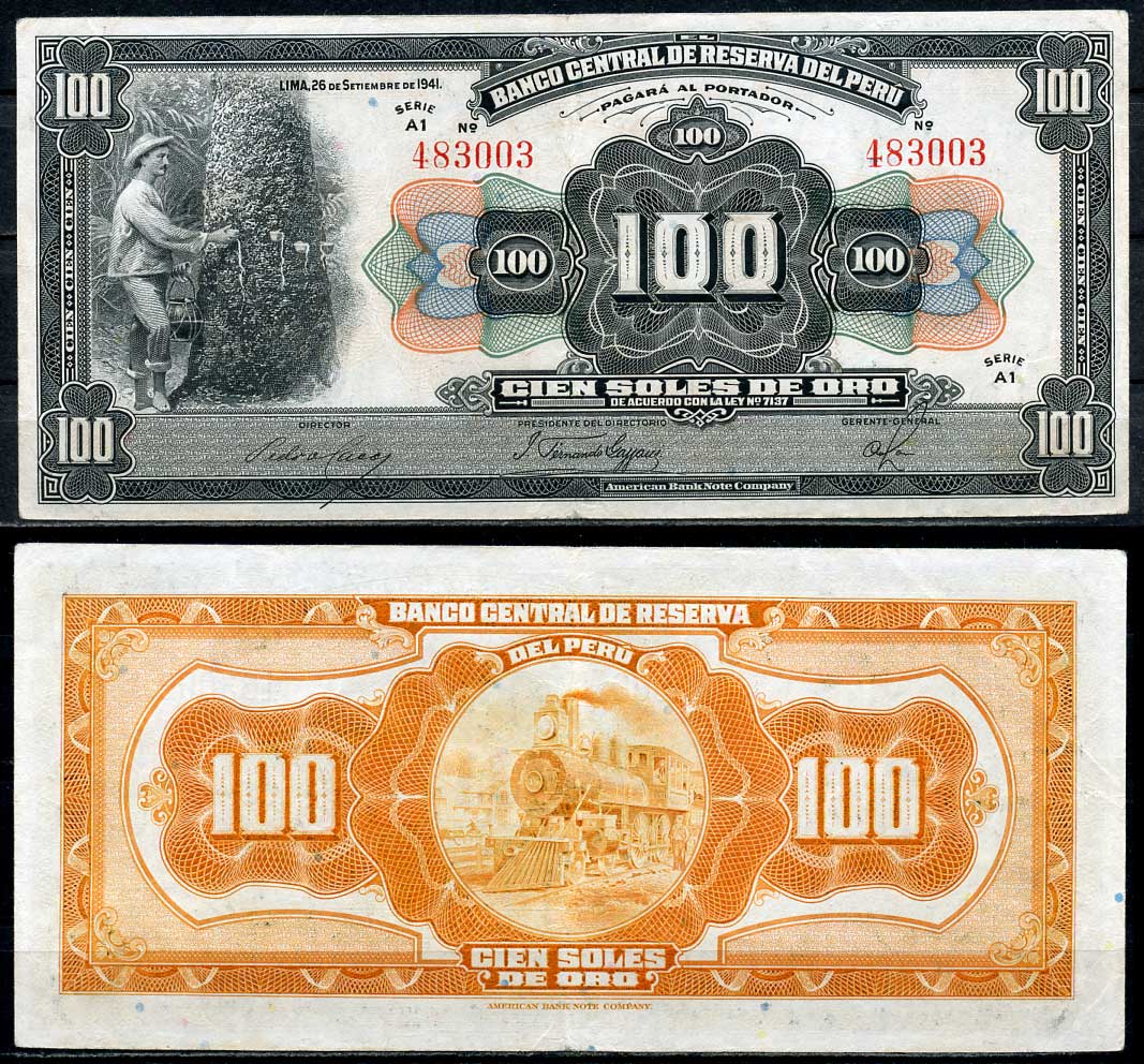 Перу 100 солей 1941 сбор каучука, паровоз Pick 69A a  бумага   451-561-2