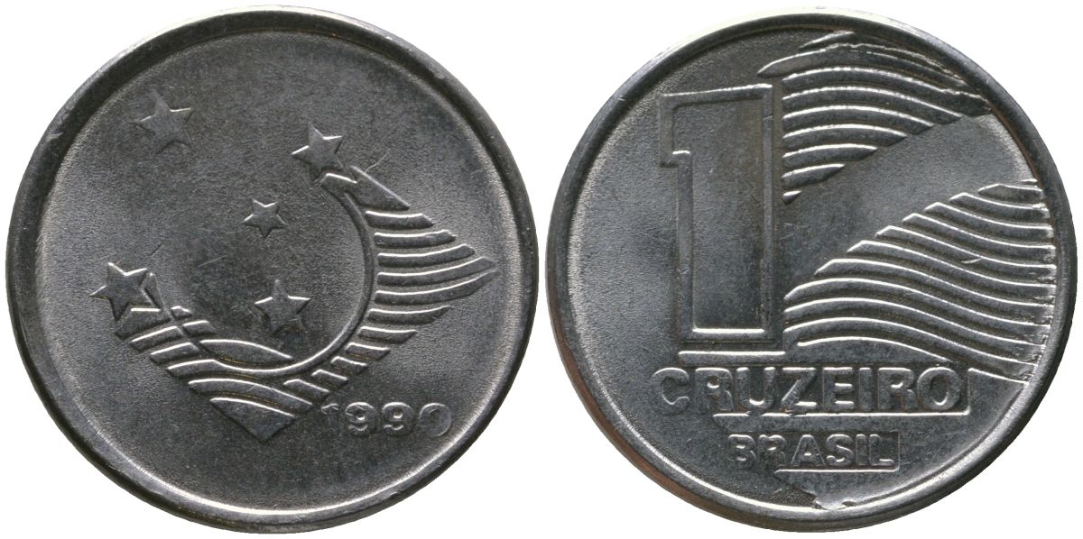 Бразилия 1 крузейро 1990 KM 617, Schon 126 нержавеющая сталь 4567-1239