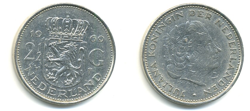 Нидерланды 2 1/2 гульдена 1969 Юлиана (1948-1980) KM 191 никель 84-1244