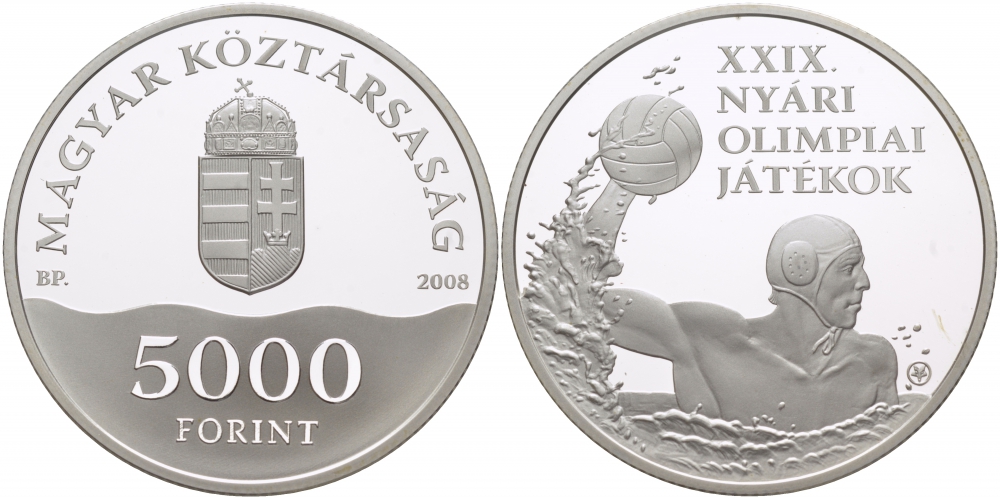 Венгрия 5000 форинтов 2008 Олимпийские игры, водное поло, тираж 14000 экземпляров KM 808 серебро PROOF 1074-6-22