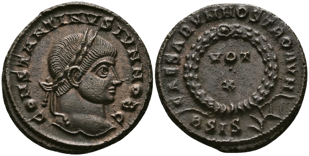 Римская Империя нуммий 321 - 324 Константин II в ранге цезаря CAESARVM NOSTRORVM VOT X Сисция Good Very fine (степень редкости C2) RIC 182 бронза 00-00