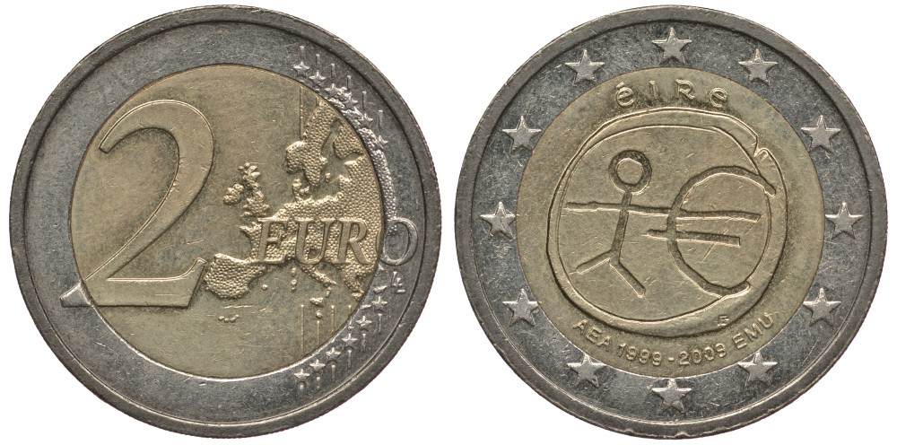 Ирландия 2 евро 2009 10 лет монетарной политики и введения евро KM 62 биметалл 4390-524