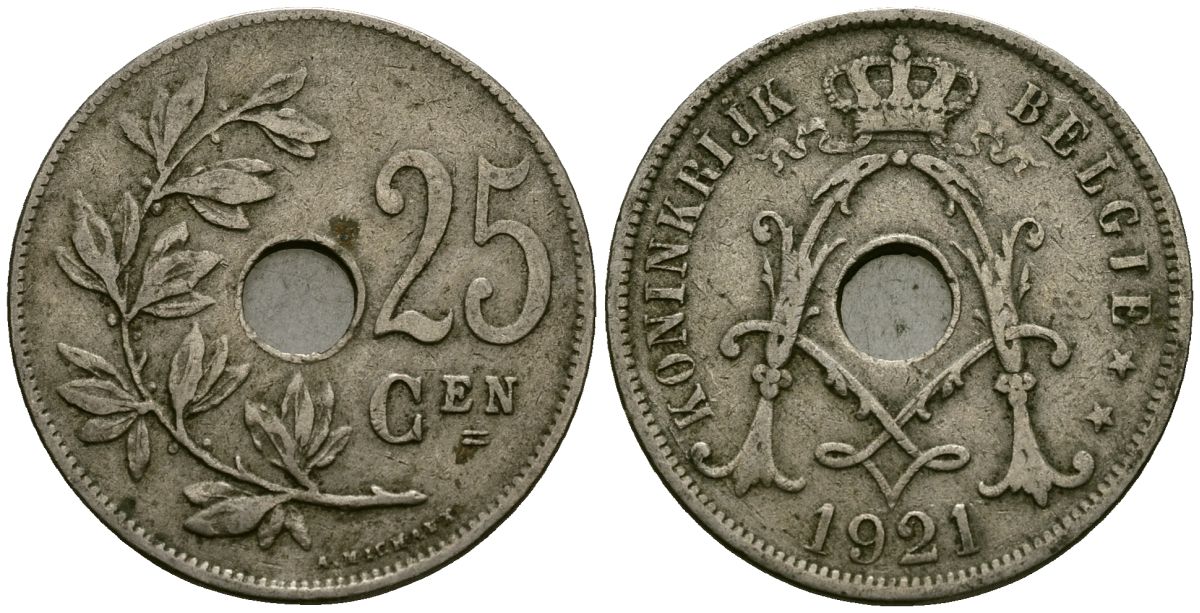 Бельгия 25 сантимов 1921 Belgie KM 69 медно-никель 4165-743