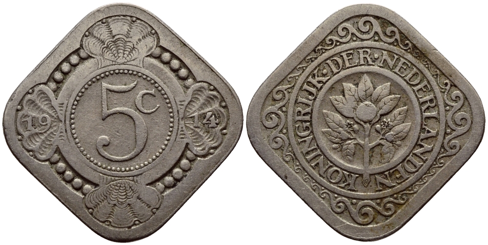 НИДЕРЛАНДЫ 5 ЦЕНТОВ 1914 ВИЛЬГЕЛЬМИНА KM 153 медно-никель 54-126