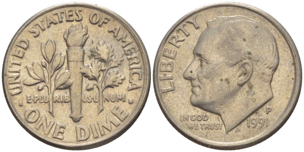 США 10 ЦЕНТОВ = 1 ДАЙМ 1991 P, РУЗВЕЛЬТ KM 195а медь плакированная медно-никелем 66-1125