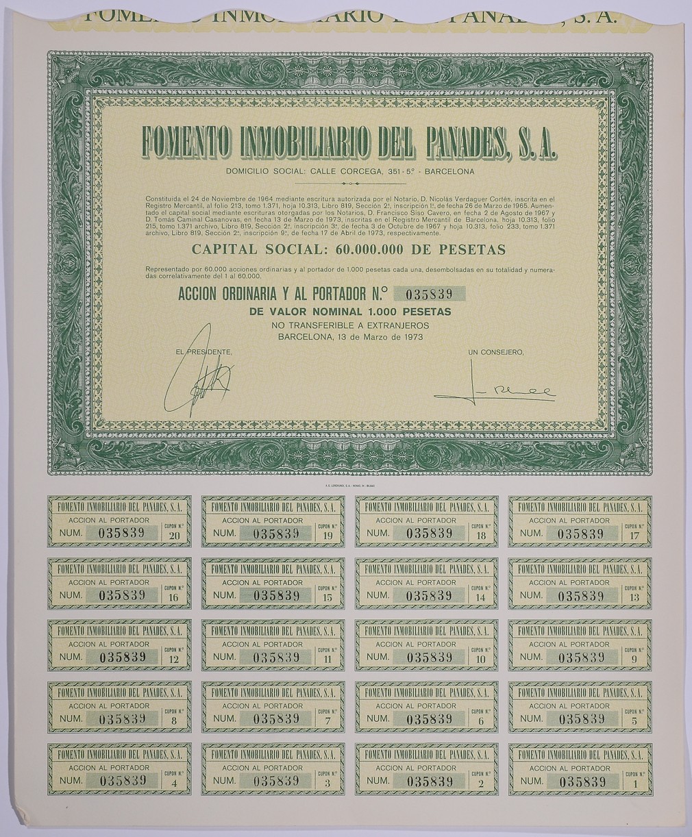 Испания акция на 1000 песет 1973 Fomento Inmobiliario del Panades, S.A., Барселона 1973, с купонами бумага 5544-10