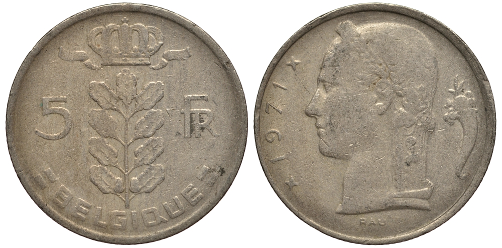 БЕЛЬГИЯ 5 ФРАНКОВ 1971 BELGIQUE, БОДУЭН I (1951-1993) KM 134.1 медно-никель VG 4182-541