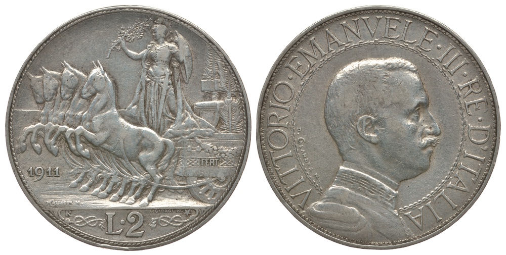 Италия 2 лиры 1911 R, Виктор Эммануил III (1900-1948), квадрига KM 46 серебро 00-811-24