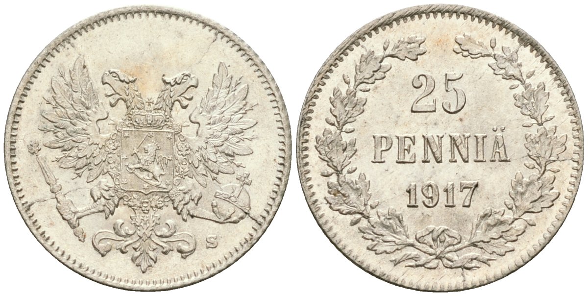 Россия для Финляндии 25 пенни 1917 S, временное правительство, без короны KM 19, Биткин 2 серебро aUNC 4580-1231