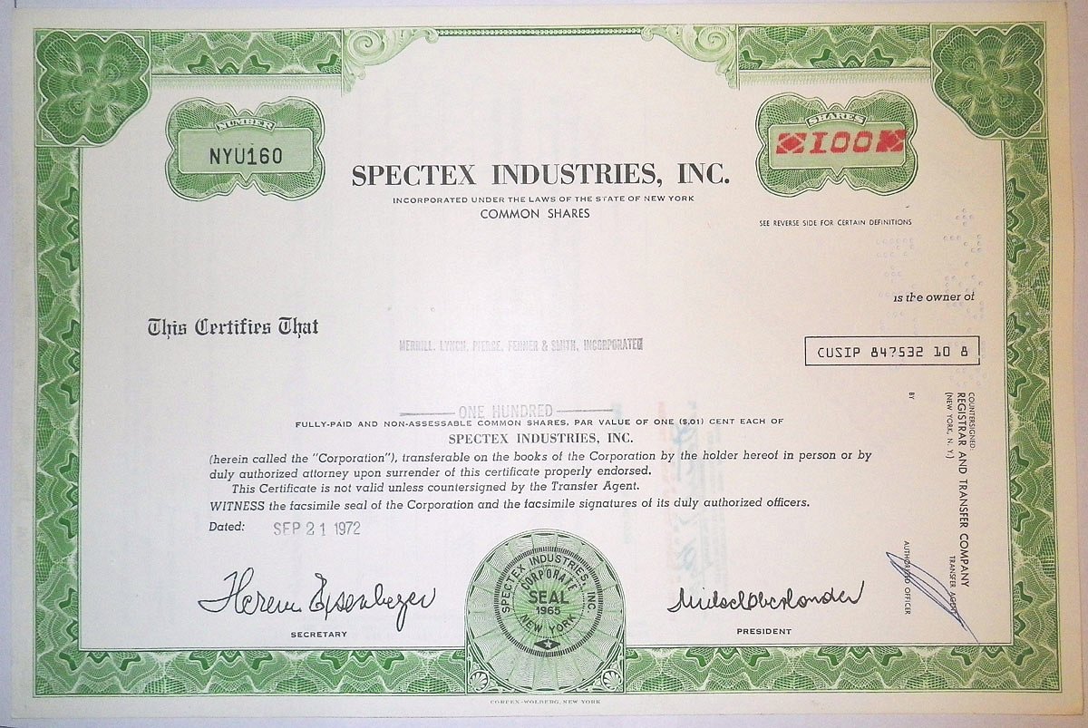 США, Spectex Industries Inc. 100 акций 1972 бумага 8805-23-1