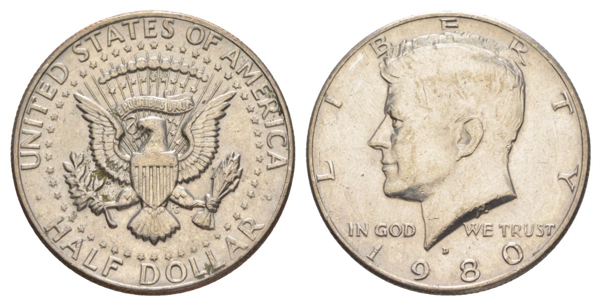 США 1/2 доллара (50 центов) 1980 D, Джон Кеннеди KM A202b медь плакированная медно-никелем aUNC 4183-1045