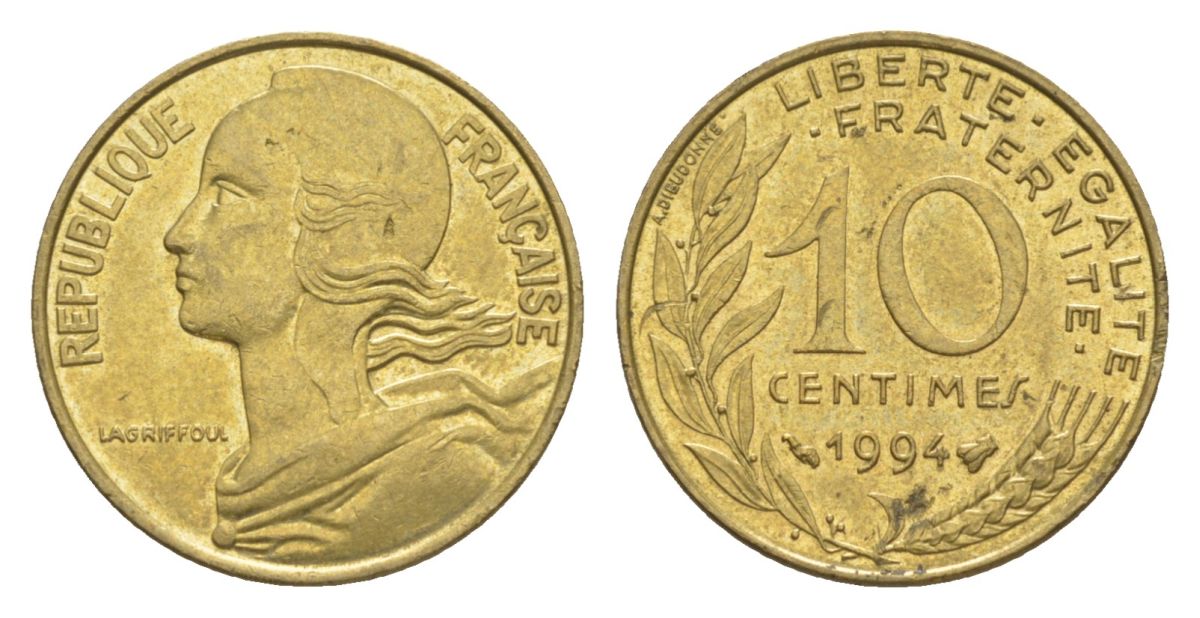 Франция 10 сантимов 1994 тип Morlon KM 929, Le Franc 144.37 алюминиевая бронза UNC 4630-367