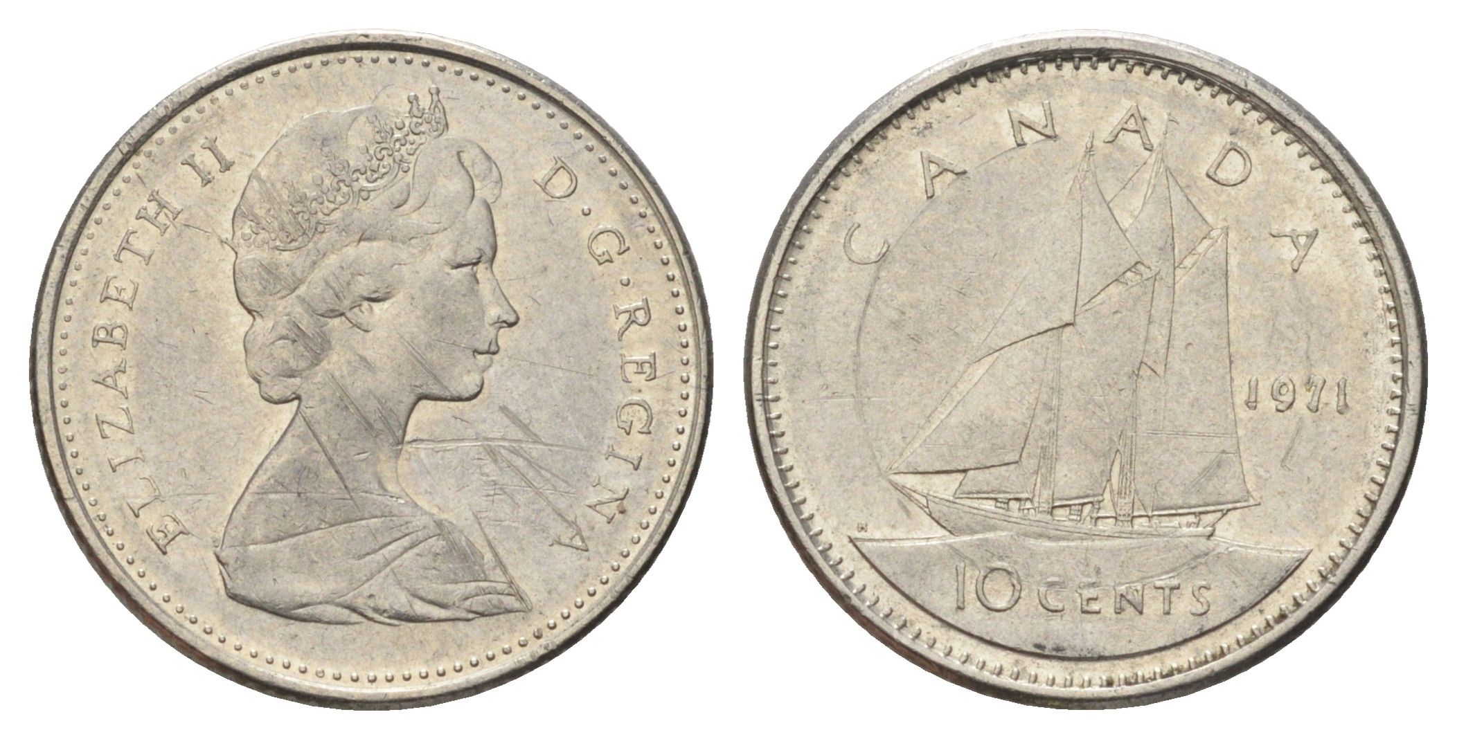 Канада 10 центов 1971 Елизавета II (1952-2022), парусник KM 77 никель 4689-535