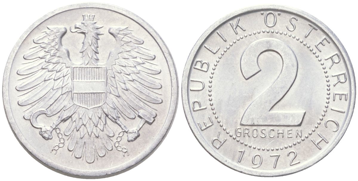 Австрия 2 гроша 1972 KM 2876 алюминий aUNC 4613-1153