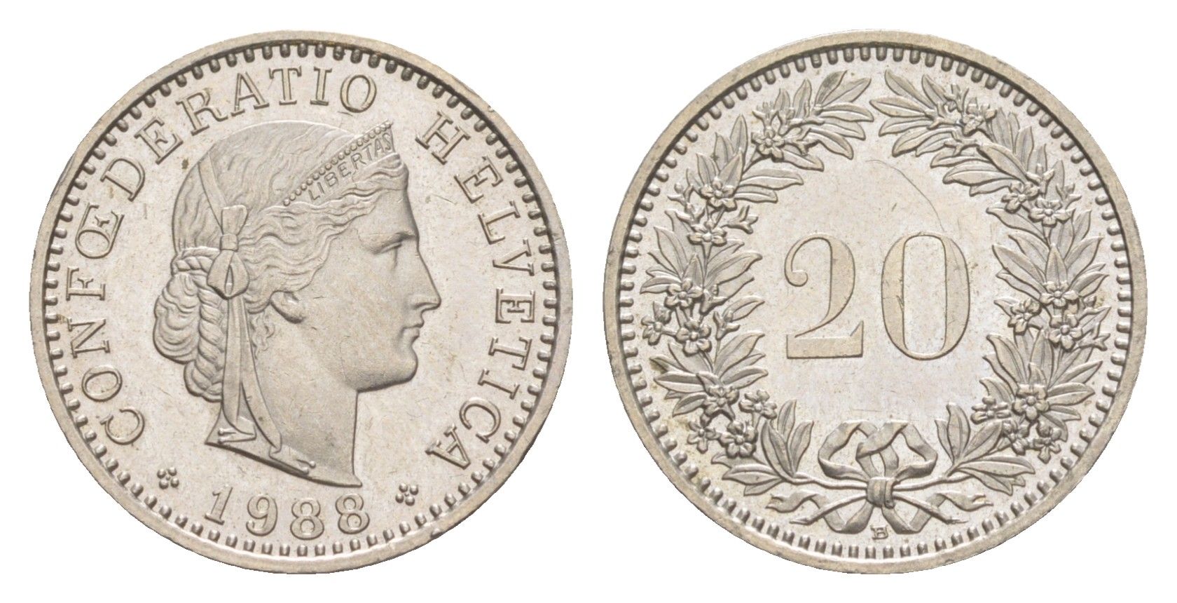 Швейцария 20 раппенов 1988 B KM 29a медно-никель UNC 4623-513