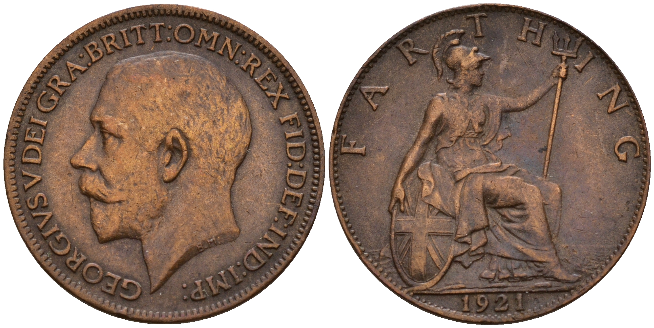 Великобритания 1 фартинг 1921 Георг V (1910-1936), светлая отделка KM 808.2, Spink 4060 бронза 4602-733