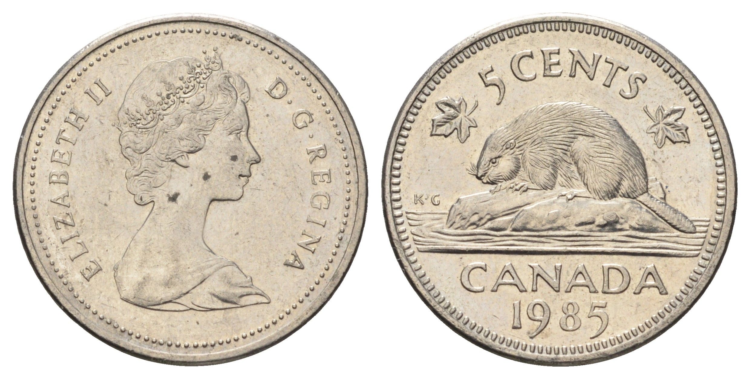 Канада 5 центов 1985 Елизавета II (1952-2022), бобр KM 60.2a медно-никель 4689-428