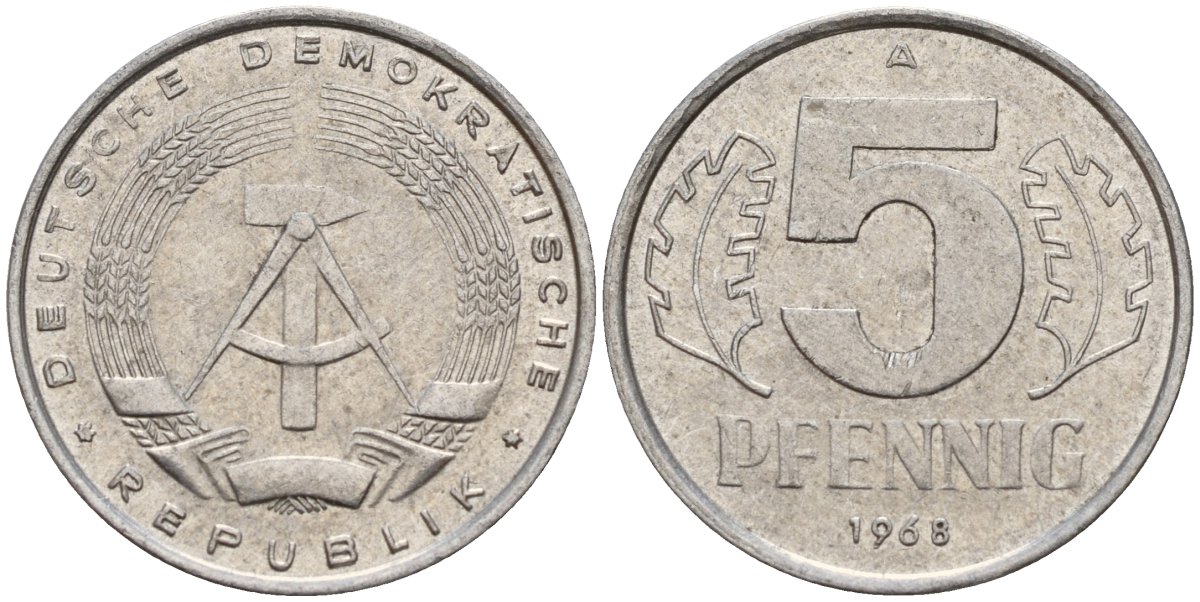 ГДР 5 пфеннигов 1968 A KM 9.1 алюминий 211-469