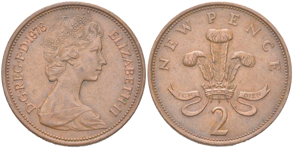 Великобритания 2 пенни 1973 Елизавета II (1952-2022) KM 916, Spink C1 бронза 4128-221