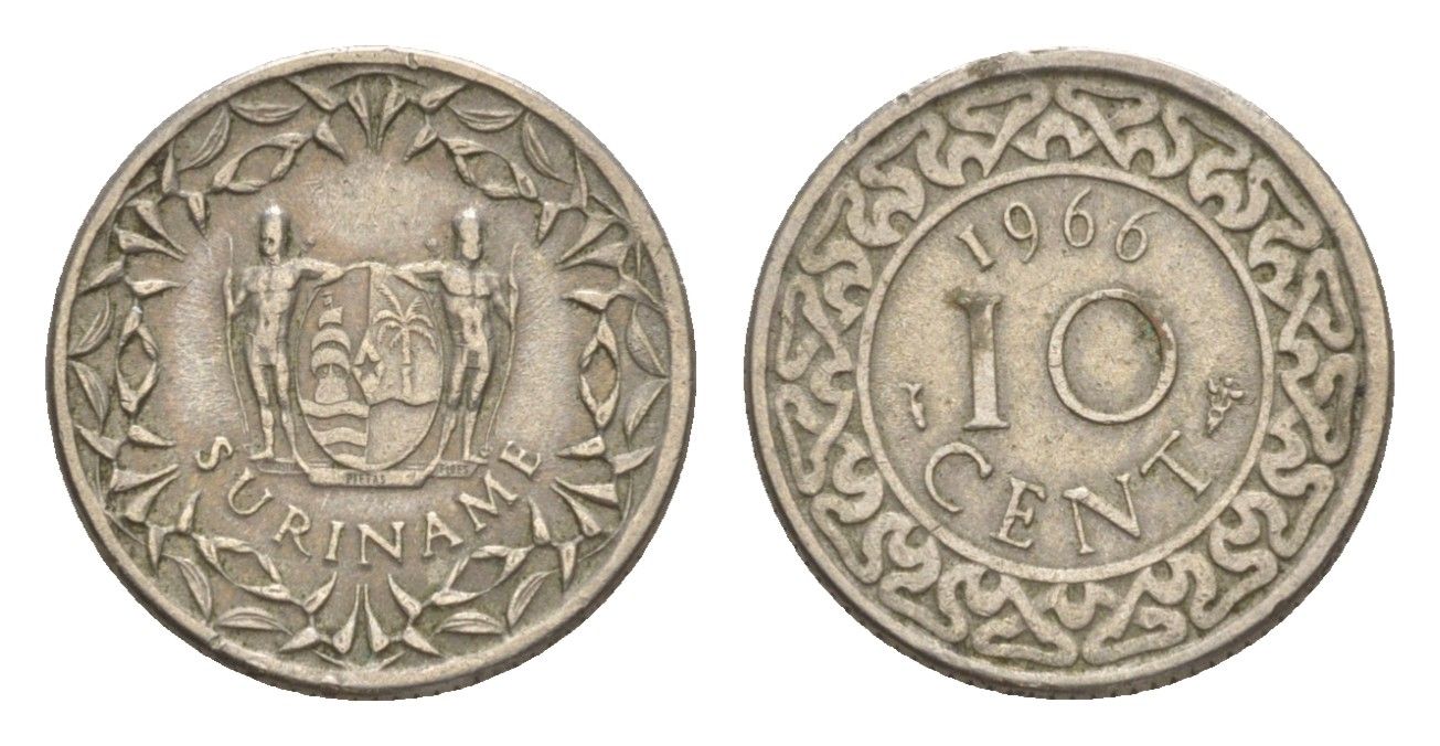 Суринам 10 центов 1966 KM 13 медно-никель 4636-226
