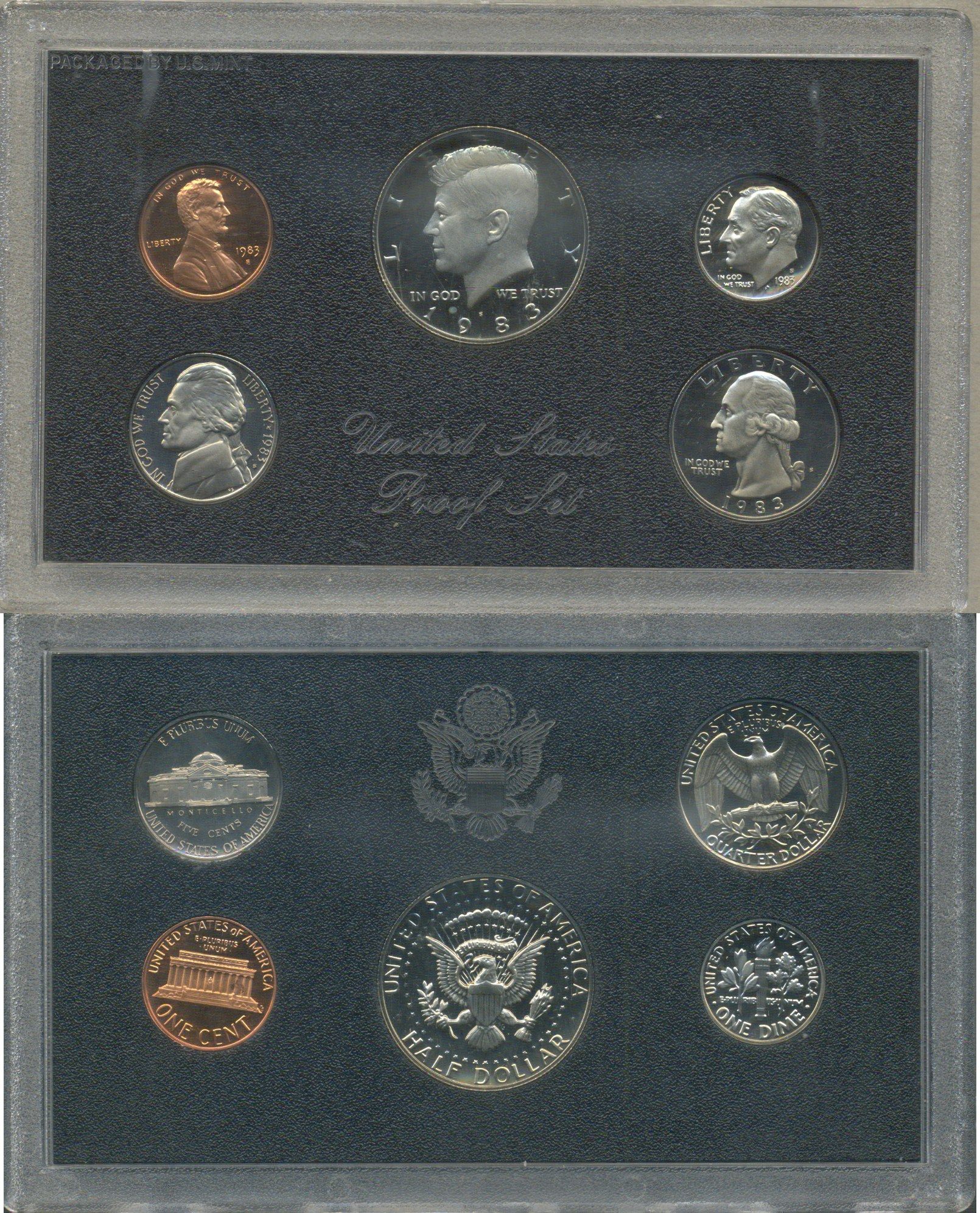 США набор из 5 монет (1, 5, 10 (дайм), 25 (квотер, 1/4 доллара) и 50 (1/2 доллара) центов) 1983 в оригинальной упаковке KM PS149 (A192, 195a, 201, 164a и A202b) PROOF 8-2-06-84