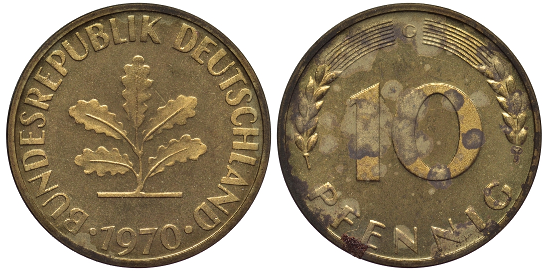 ФРГ 10 пфеннигов 1970 G KM 108, J.383 сталь плакированная латунью PROOF 1099-4-34