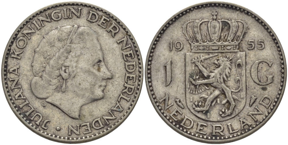 Нидерланды 1 гульден 1955 Юлиана (1948-1980) KM 184 серебро 98-1131