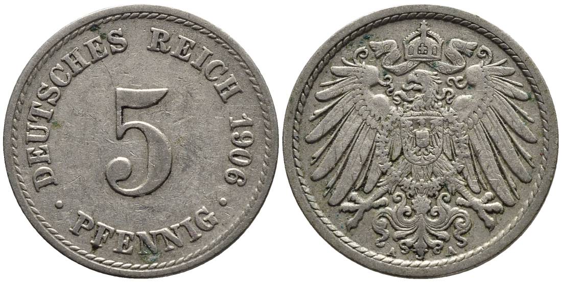 ГЕРМАНИЯ 5 ПФЕННИГОВ 1906 A KM 11, Jager 12, Weege 6 медно-никель 4547-449