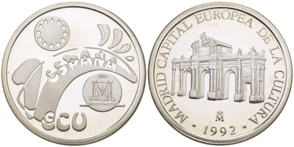 Испания 1 экю 1992 Мадрид - столица европейской культуры в оригинальной деревянной коробке, с сертификатом X M8 серебро  PROOF  4-3-1-08