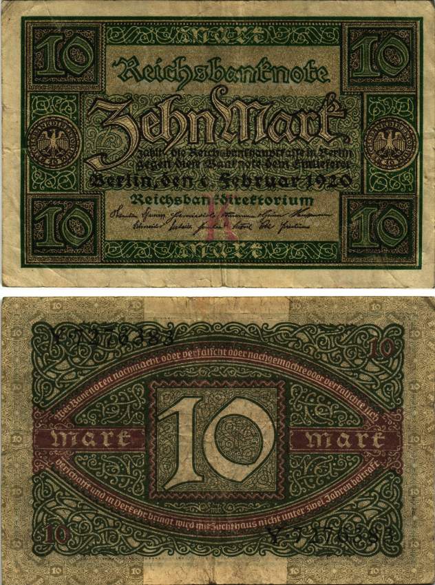 ГЕРМАНИЯ 10 МАРОК 1920 6 ФЕВРАЛЯ 1920, БУКВА К, СЕРИЯ Y, СЕМЬ ЦИФР В НОМЕРЕ Pick 67а, Rosenberg 63а бумага 8616-11-2-2