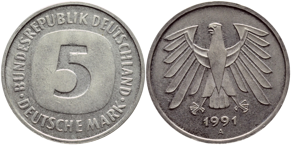 ФРГ 5 МАРОК 1991 A КМ 140.1 J.415 медно-никель плакированный никелем 4389-1125