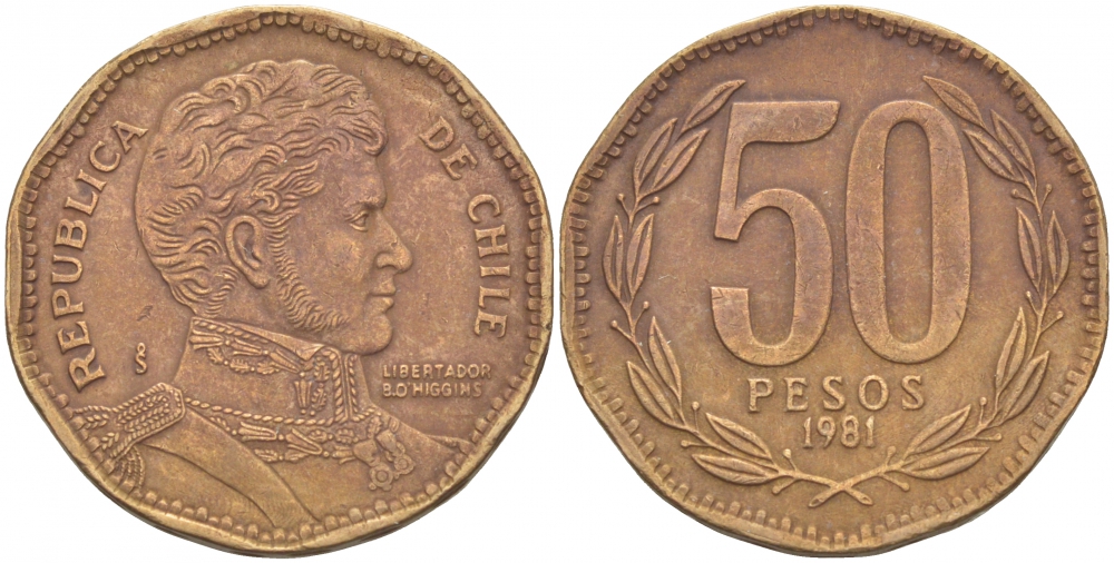 Чили 50 песо 1981 Бернардо О’Хиггинс KM 219.1 алюминиевая бронза 4539-827