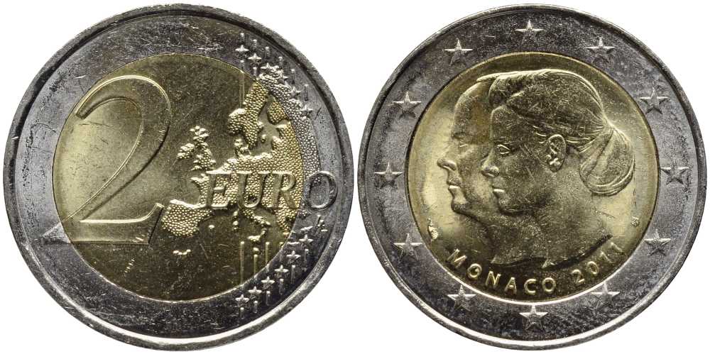 Монако 2 евро 2011 свадьба князя Монако Альберта II и Шарлин Уиттсток KM 196 биметалл UNC 115-1241