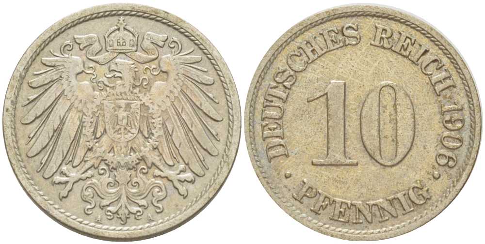 Германия 10 пфеннигов 1906 A KM 12, J. 13, Weege 8 медно-никель 259-915